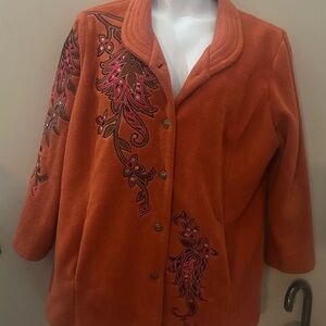 Embroidered Burnt Orange & Pink Women's Jacket Floral Bob Mackie 1X Fleece